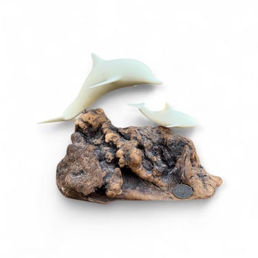 Vintage Dolphins On Burl Wood Sculpture By John Perry 