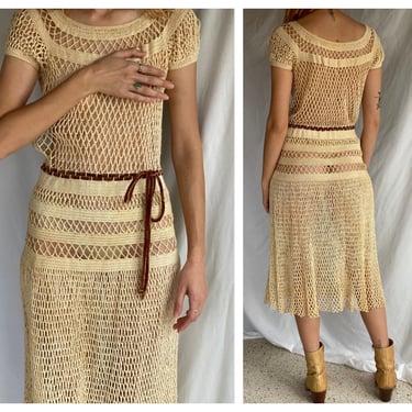1930s Macrame Dress / Cream Knit Dress Velvet Rope Belt / Thirties Daywear / Gatsby Dress / Art Deco Era Dress / Tea Length Party Dress 