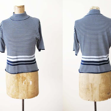 Vintage 90s 2000s Striped Mockneck Shirt S M - 1990s Blue Gray Thin Stripe Silk Turtleneck Short Sleeve Knit Top 