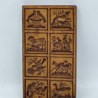 Antique Wooden Springerle Cookie or Butter  MOLD 8-PANEL birds  Rabbits Animals 8 1/4" x4.5" 