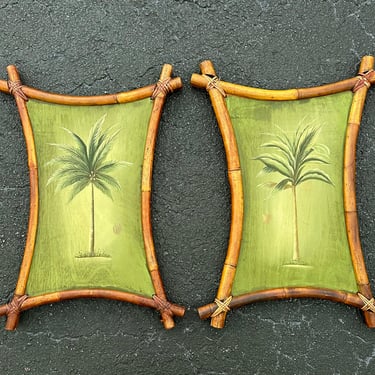 Vintage Old Florida Original Tropical Palm Tree Painting with Bamboo Frames Tiki 