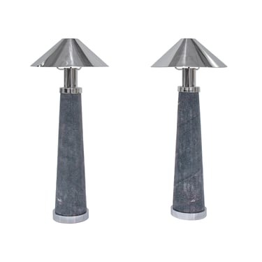 Karl Springer Rare Pair of "Lighthouse Lamps" in Blue Shagreen and Nickel 1980s