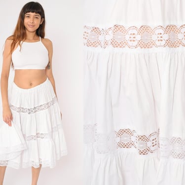 Vintage Peasant Skirt White Tiered Lace Midi Skirt Square Dance High Waisted Boho Hippie Full Skirt Prairie 90s Medium Large 