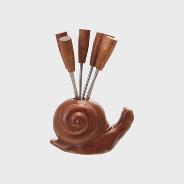 Wood Snail Shaped Holder with 6 Appetizer Forks