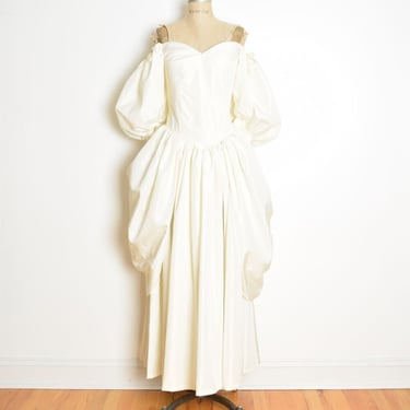 vintage 80s wedding dress cream satin puff sleeve southern belle bridal gown L clothing 