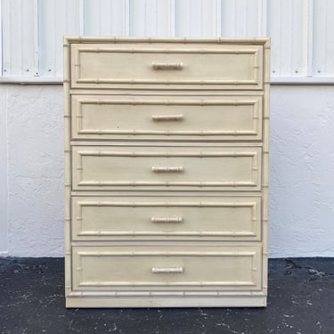 Vintage Faux Bamboo Tallboy Dresser Chest of 5 Drawers by Dixie Aloha Collection - Creamy White Hollywood Regency Coastal Furniture 