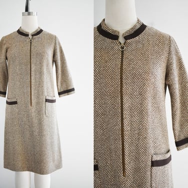1960s R&K Brown Tweed Mod Zip Front Dress 