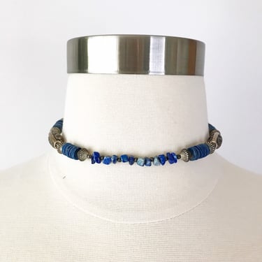 Vintage Blue Stone & Silver Bead Choker Necklace - 90s Y2K Summer Jewelry Funky Fits Plus Size 