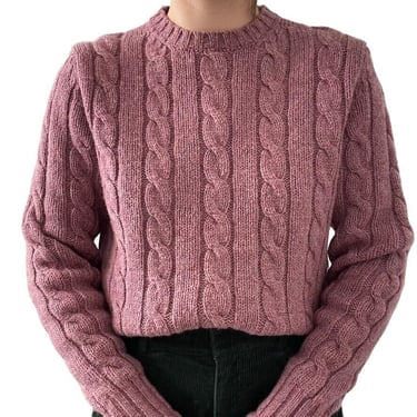 Vintage Womens Hand Knit Mauve Pink 100% Wool Fisherman Cable Knit Sweater Sz M 