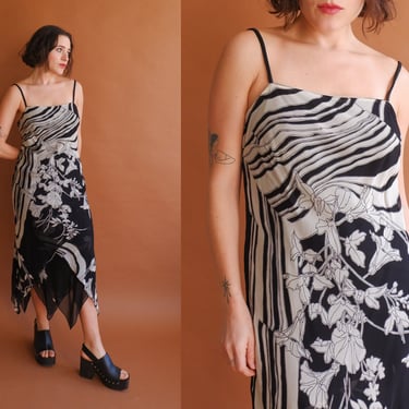 Vintage 90s Black White Floral Bias Cut Dress/ 1990s Midi Handkerchief Hem Beaded Dress/ Size Medium 