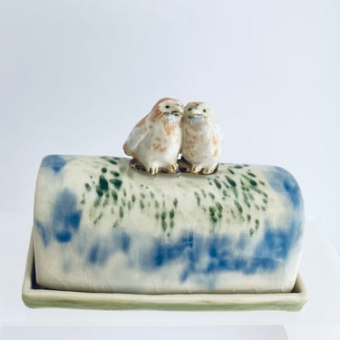 Ceramic Butter Dish with Owls | Handmade Owl Figurines | Butter or Margerine Holder with Lid | Hand-painted One-of-a-kind Gift for Owl Lover 