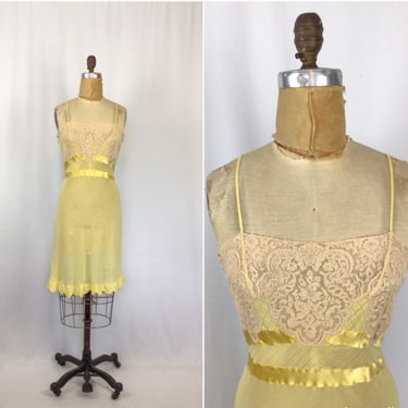 Vintage 40s slip | Vintage sunshine yellow silk lace dress slip | 1940s silk crepe full slip negligee 