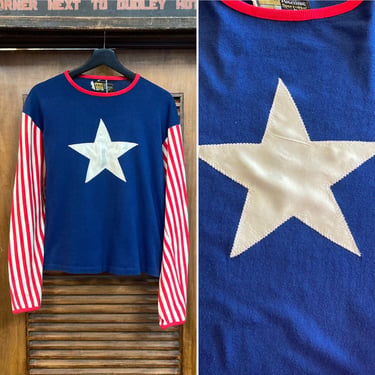 Vintage 1960’s Mod Glam Star And Stripes Pop Art Knit Tee Shirt, 60’s Long Sleeve T Shirt, Vintage Clothing 