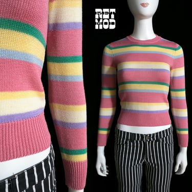 Fun Vintage 70s 80s Pink Colorful Stripe Pullover Sweater 