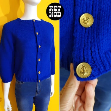 Cute Vintage 60s Cobalt Blue Cardigan with Gold Anchor Buttons 