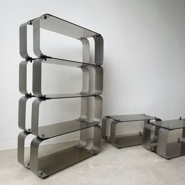 STEEL & SMOKED GLASS MODULAR SHELVES BY DONALD SINGER, 70's