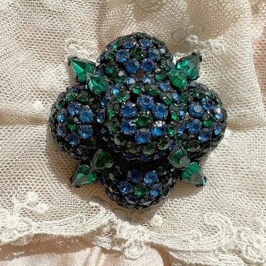 vintage 1950s oversized Warner blue & green rhinestone brooch statement piece 