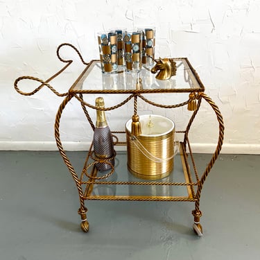Vintage Hollywood Regency Gold Gilt Bar Cart | Gold Tassel and Rope Design | Glass Top Bar Cart | Mid Century Cart | Chic Home Décor 