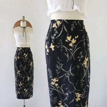 black floral maxi skirt - 28-31 - vintage 90s y2k spring summer botanical dark floral long ankle skirt 