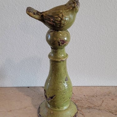 Vintage Architectural Style Green Glazed Terracotta Bird Finial Stand, Rustic Shabby Chic Distressed Patina 