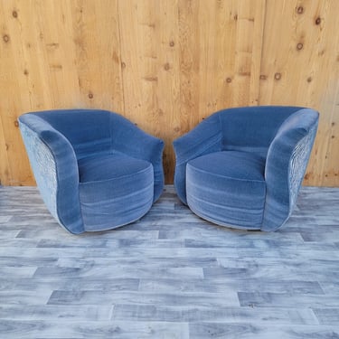 Mid Century Modern Vladimir Kagan Style Asymmetrical Swivel Lounge Chairs Newly Upholstered in Mohair and Velvet - Pair