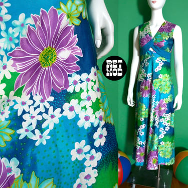 Tropical Vintage 60s 70s Blue Purple Green Floral Hawaiian Maxi Dress 