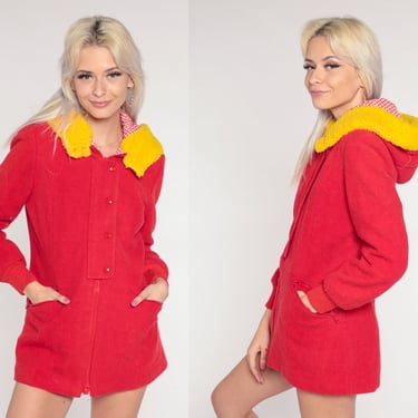 Red Winter Coat 70s 80s Faux Sherpa HOODED Jacket Yellow Shearling Hood Jacket Wool Blend Vintage 1980s Hoodie Bohemian Extra Small xs 