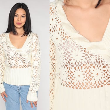 Crochet Floral Sweater y2k Sheer Cream Knit Flower Sweater Open Weave Braided Pullover Bohemian Hippie V Neck Vintage 00s Large xl 