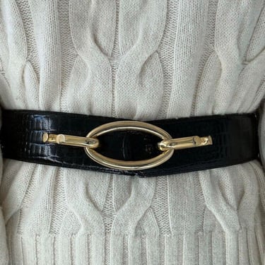 Vintage Avignon Black Leather Croc Embossed Wide Waist Belt Made in France Sz M 