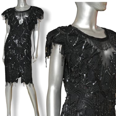Vintage Laurence Kazar Black Beaded Dress Sheer Sweet Heart Neck Knee Length Sequins Party Gown 8 