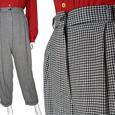 Vintage Houndstooth Pants, Medium / High Waist Pleated Wool Slacks / Black and White Plaid Trousers with Cuffs 