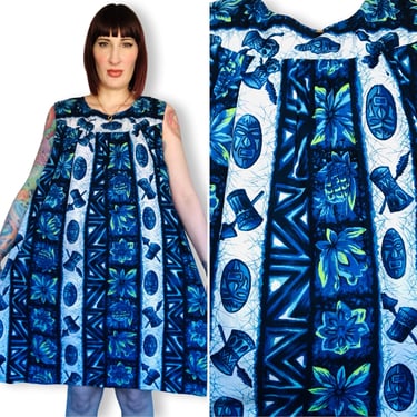 Vintage 1960's Hawaiian Floral Tiki Pineapple Print Cotton Tent Dress - size Small Medium Large 