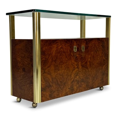 1980s Century Furniture Burl and Brass Bar Cart with Glass Shelf Mid Century