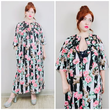 1980s Vintage Anthony Richards Black and White Striped Lounge Gown / 80s Cotton Pink Floral Zipper Front Maxi Dress / Size Medium - Large 