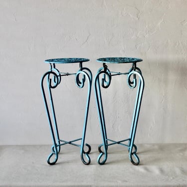 Vintage Mid-Century Painted Wrought Iron Ornate Plant Stands in Turquoise Rustic-a pair 