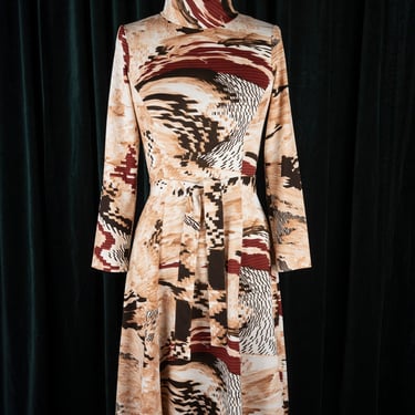 Vintage 1960s Country Miss Belted Abstract Print Dress with Turtleneck and Princess Seams 