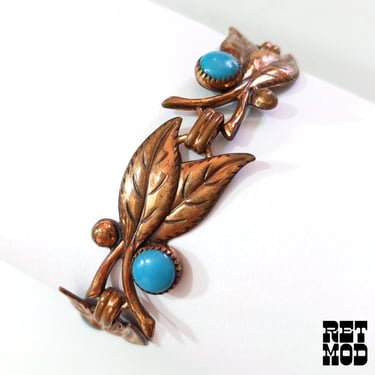 Lovely Vintage 60s 70s Copper Leaves with Blue Cabochons Link Bracelet 