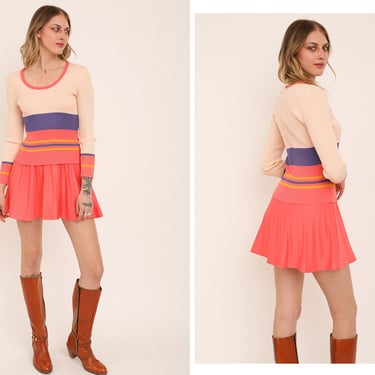 Vintage 1970s 70s Coral Pink Stripe Textured Mini Dress w/ Circle Pleated Skirt Drop Waist Long Sleeve 