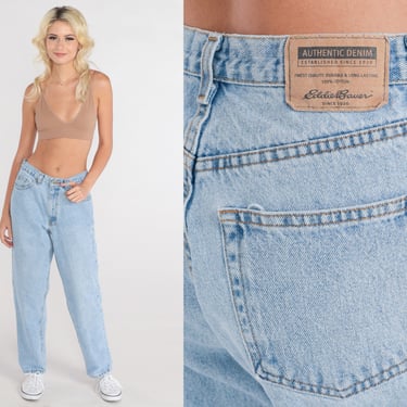 Mom Jeans Y2K High Waisted Rise Jeans Light Wash Blue Denim Pants Relaxed Straight Tapered Leg Retro 00s Vintage Eddie Bauer Small S 29 
