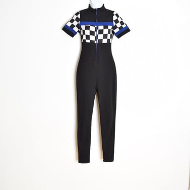 vintage y2k jumpsuit black checkerboard race print one piece outfit playsuit XS clothing 