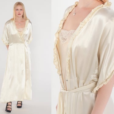 Silk Charmeuse Robe 70s Lingerie Robe Cream Ruffled Bed Jacket Long Nightgown Open Tie Front Long Nightie Retro Coquette Vintage 1970s Large 