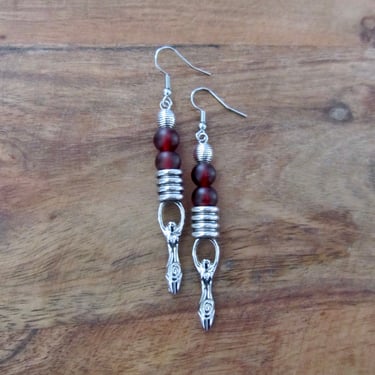 Red frosted glass and silver goddess earrings 