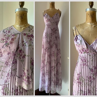 Vintage 1970’s sundress, lavender floral print maxi gown | matching capelet, summer wedding, purple aesthetic, XS/S 