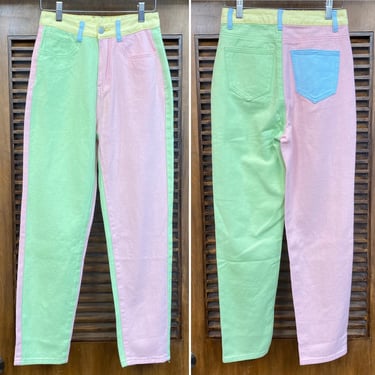 Vintage 1990’s w24 Neon Multi-Color New Wave Hip Hop Colorblock Denim Jeans Pants, 90’s Vintage Clothing 