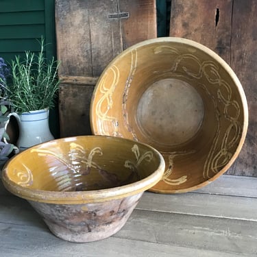 19th C Dairy Mixing Bowl, Extra Large, Yellow Ochre Glaze Terra Cotta Mixing Bowl, Rustic 1800s Pottery, Farmhouse, Farm Table 