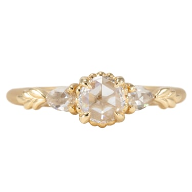 Wood Nymph Ivy Engagement - 18K Yellow Gold , .32 ctw Rose Cut Round Diamond + Rose Cut Pear diamonds (.2 ctw)