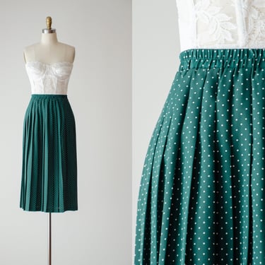 green polka dot skirt | 80s 90s vintage dark green cute cottagecore knee length pleated skirt 