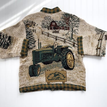 tapestry jacket 90s vintage Scene Weavers John Deere farm woven blanket coat 