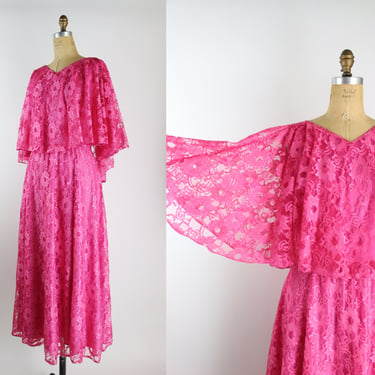70s Hot Pink Bohemian Maxi Dress / Pink lace Dress / Cape Dress / Pink Wedding Dress / Bridemaids Dress / Size M/L 