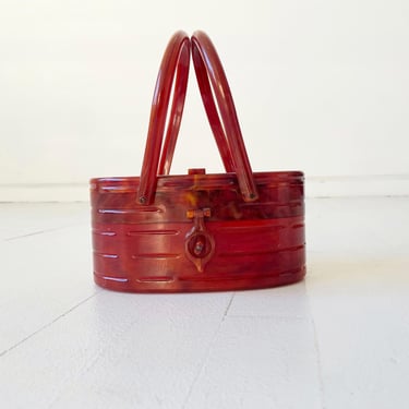 1960s Amber Tortoise Top Handle Oval Box Bag 